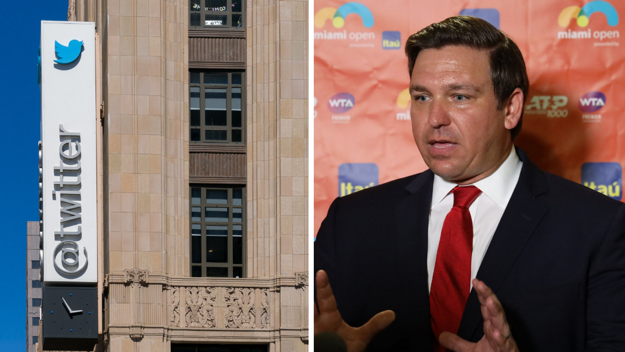 The current Twitter Headquarters exterior located in San Francisco, California. Right: Florida Governor Ron DeSantis making a speech.