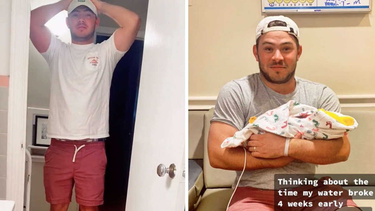 The dad in a white shirt and red shorts. Right: The dad holding his newborn baby.