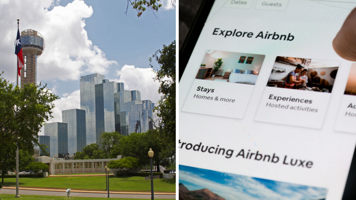 The Dallas, TX skyline. Right: The Airbnb app on a screen.