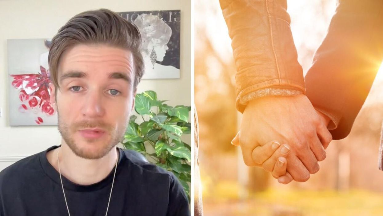 The dating coach in his TikTok video. Right: A couple holding hands.