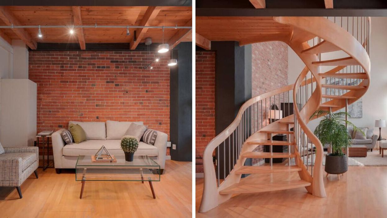 The den with an exposed brick wall. Right: The loft has a custom spiral staircase.