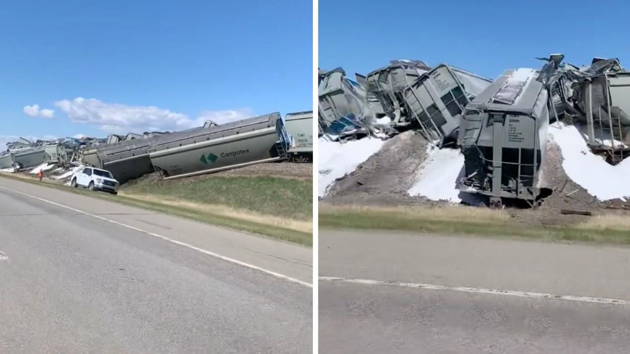 The derailed train. Right: The cars of the derailed train.