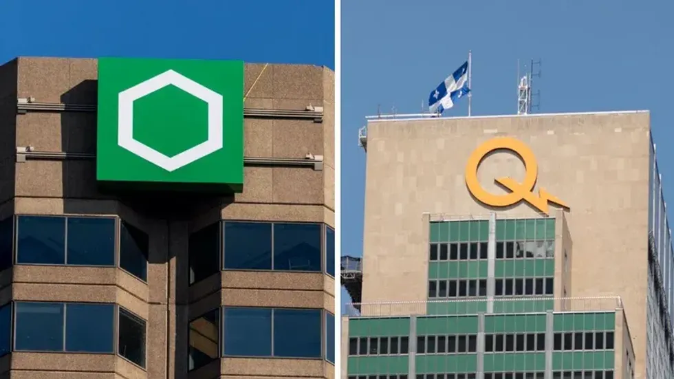 The Desjardins logo on a building in downtown Montreal. Right: The Hydro-Qu\u00e9bec logo on its headquarters in downtown Montreal.