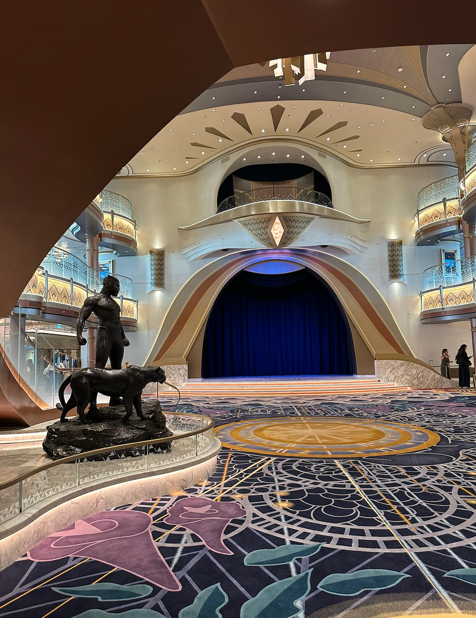 The Disney Destiny's grand hall, inspired by "Black Panther."