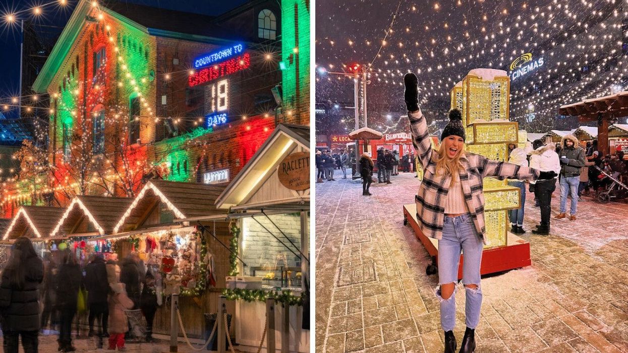 The Distillery Winter Village. Right: A person standing at the Ottawa Christmas Market.