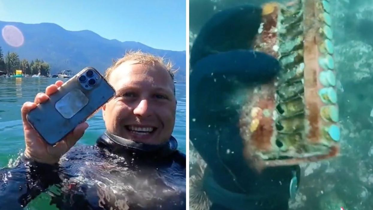 The diver holding a phone. Right: The diver holding gun ammunition.