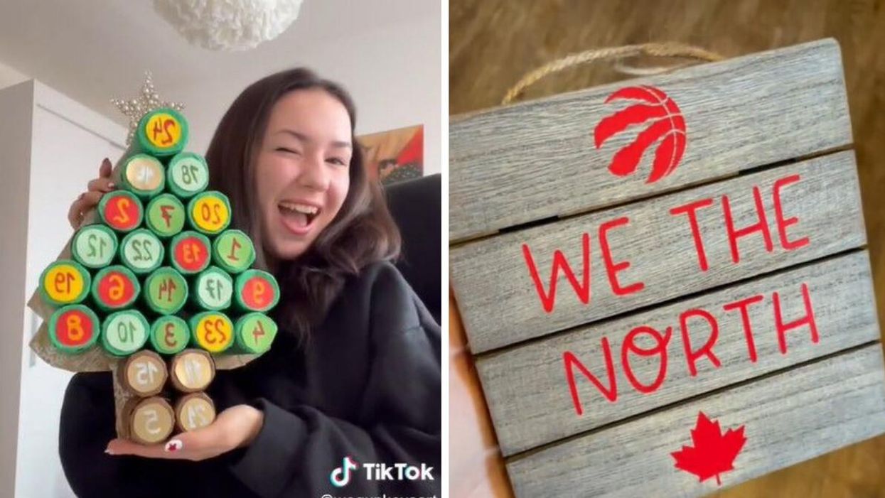 The DIY advent calendar. Right: A Toronto Raptors sign.