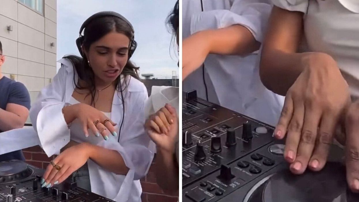 The DJ speaking to a person at a party she was playing. Right: A partygoer touching the DJ board.