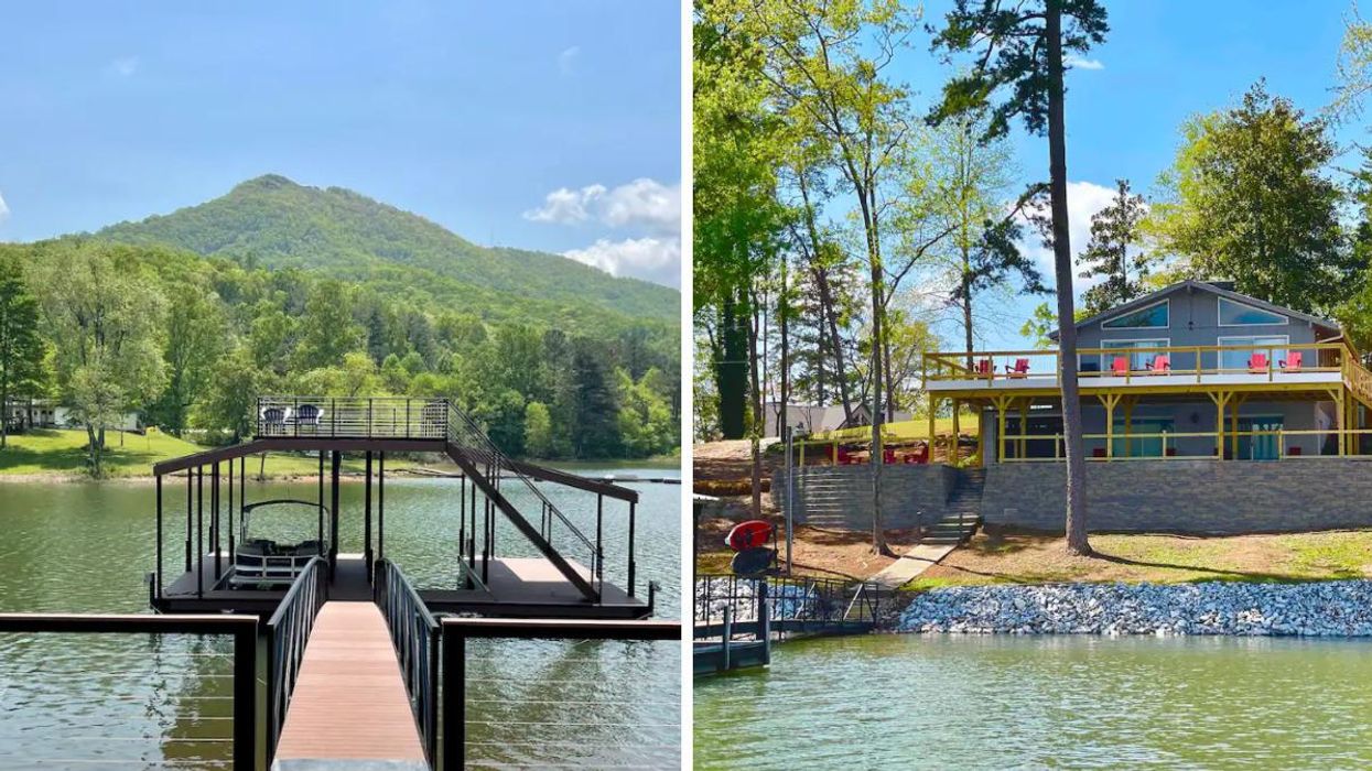 The dock outside of a Lake Chatuge cabin. Right: A large cabin on the water with a double decker porch.