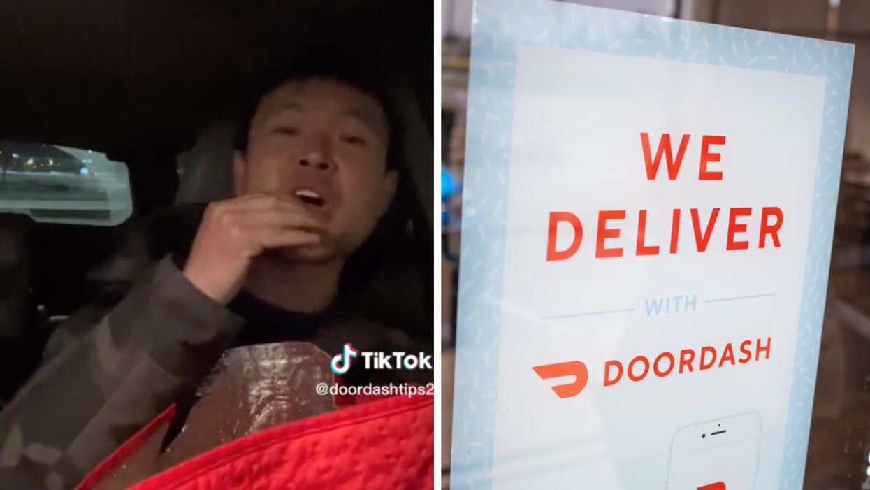 The DoorDash delivery driver in a TikTok video. Right: A DoorDash sign on a window.