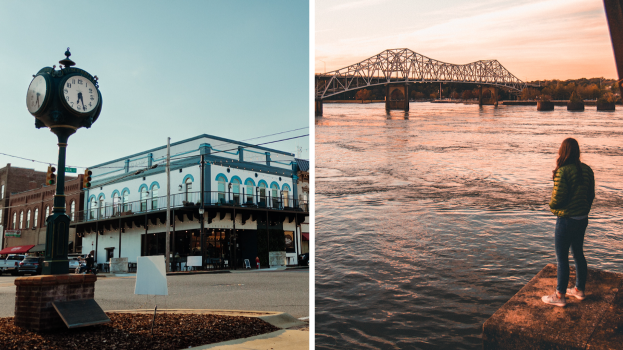 The downtown area of Tuscumbia, AL. Right: A person looking at a bridge in Florence, AL.