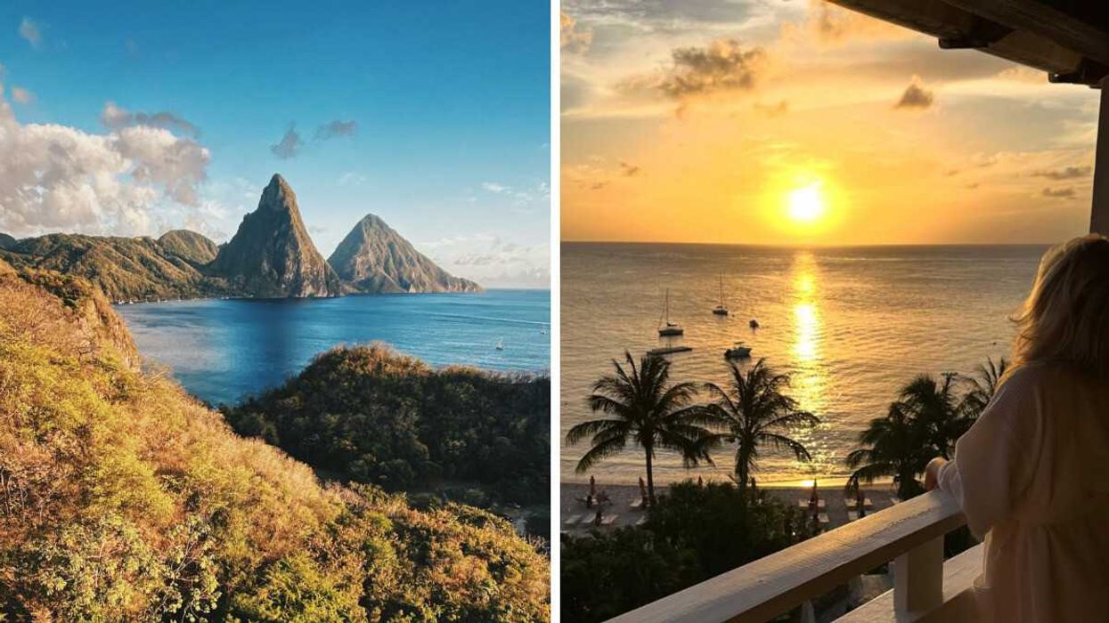 The dramatic Pitons of Saint Lucia. Right: A woman stands beside a glowing sunset in Saint Lucia.
