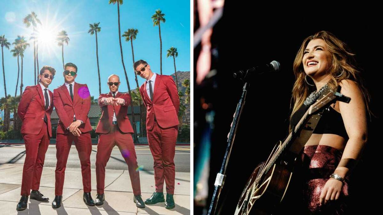 The Dreamboats band in red suits under palm trees at The Rose Brampton 2026 season. Right: Tenille Townes performing live with her guitar at The Rose Brampton 2026.