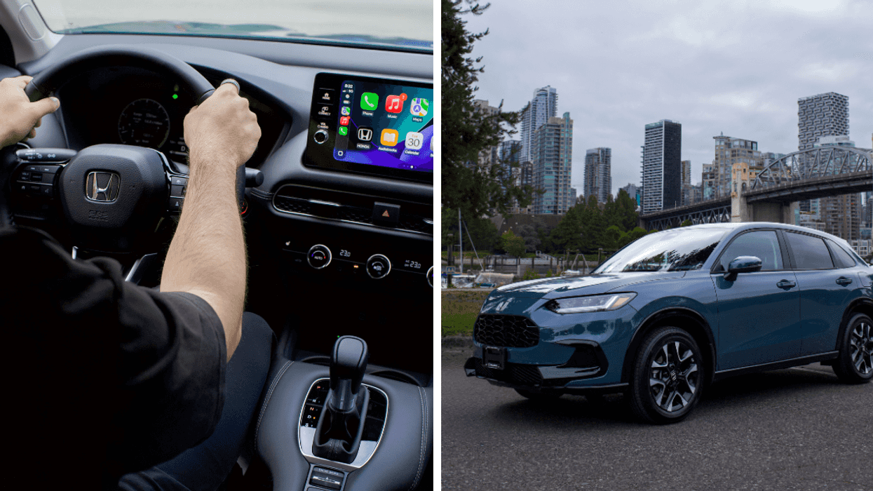 The driver-side console inside the Honda HR-V. Right: The Honda HR-V against the Vancouver skyline.