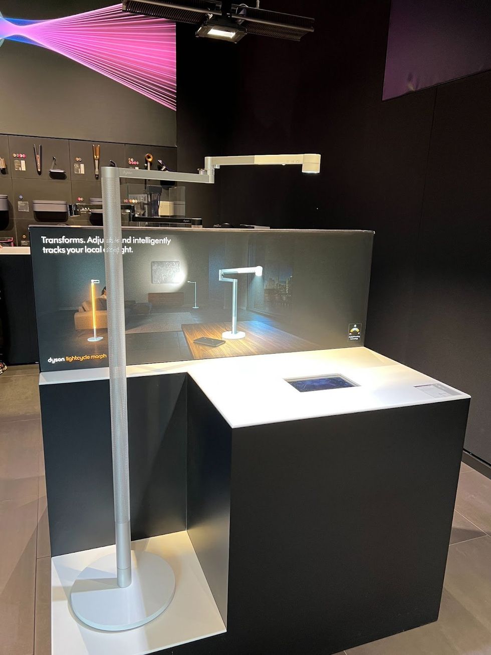 The Dyson Solarcycle Morph Floor lamp on display in a Dyson store.