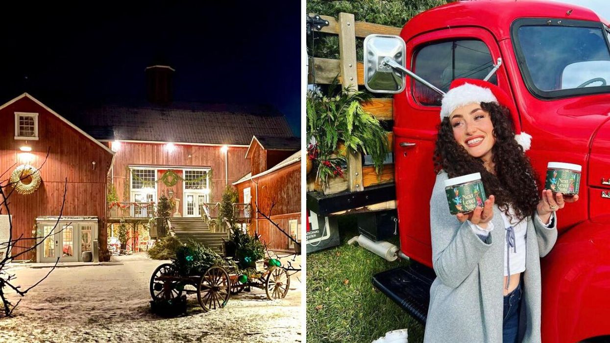The Eddie Christmas Market. Right: A woman by a red truck wearing a Santa Claus hat.