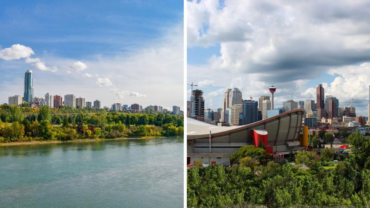The Edmonton skyline. Right: The Calgary skyline.
