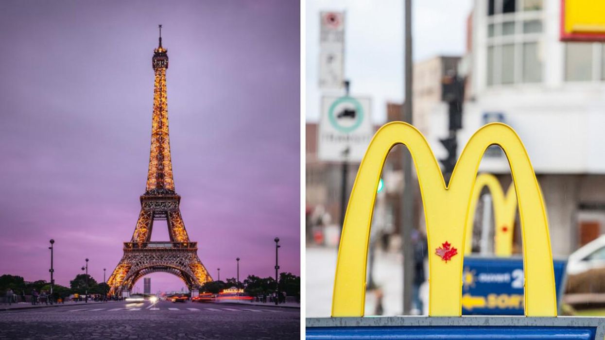 The Eiffel Tower in Paris. Right: A McDonald's drive-through sign in Canada.