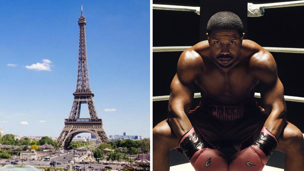 The Eiffel Tower in Paris. Right: Michael B. Jordan in the poster for 2023's 'Creed III.'