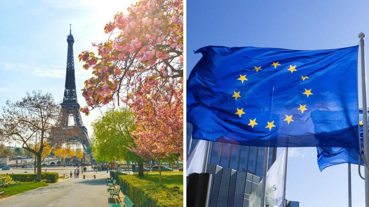 The Eiffel Tower in Paris. Right: The European Union flag.