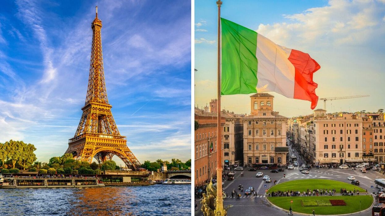 The Eiffel Tower in Paris. Right: The Italian flag in Italy. 