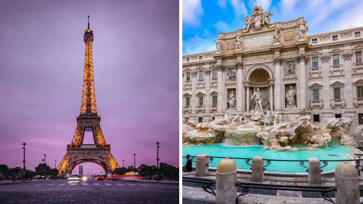 The Eiffel Tower in Paris. Right: The Trevi Fountain in Rome.