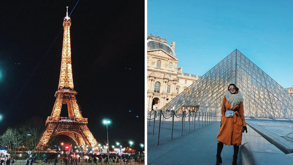 The Eiffel Tower. Right: The Louvre Museum.