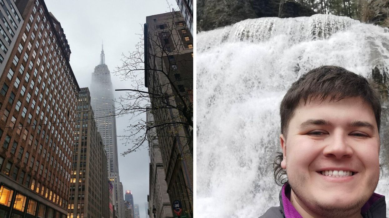 The Empire State Building. Right: Narcity's Tomás Keating at Robert H. Treman State Park near Ithica, NY.