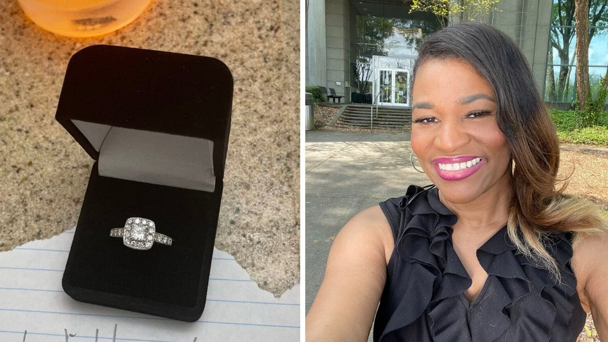 The engagement ring next to the paper note. Right: Journalist Erica Murphy taking a selfie.