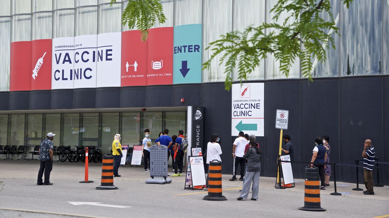 The entrance of a COVID-19 vaccine clinic in Toronto, Canada.