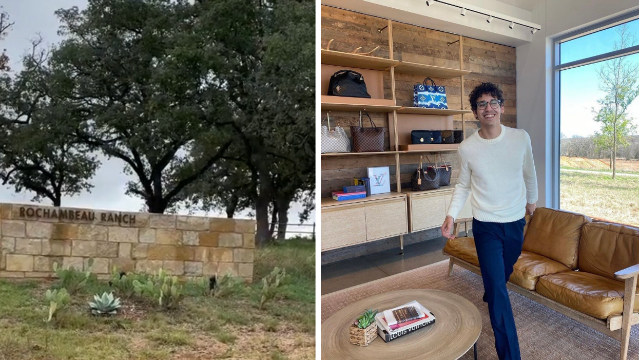The entrance of Rochambeau Ranch in Alvarado, TX. Right: A man in a white shirt and blue pants at Rochambeau Ranch in Alvarado, TX.