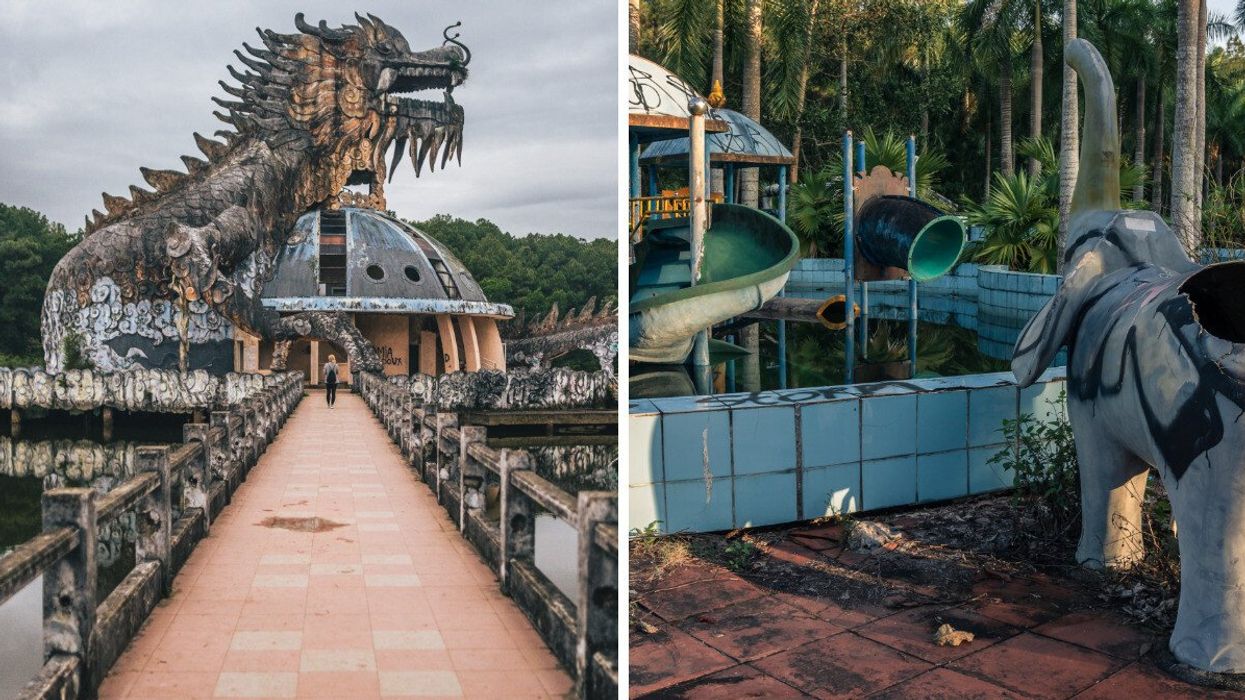 The entrance to Ho Thuy Tien abandoned water park. Right: An abandoned pool.