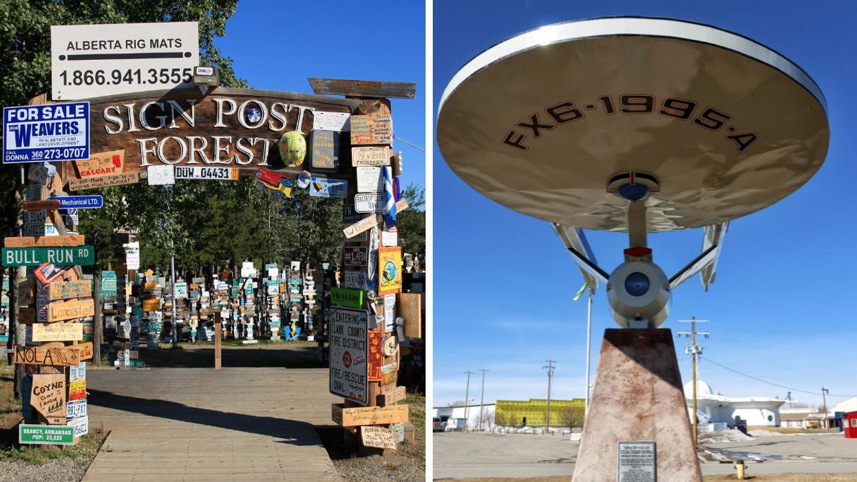 The entry to the sign post forest in Watson Lake, Yukon. Right: The Enterprise Statue from Vulcan Alberta