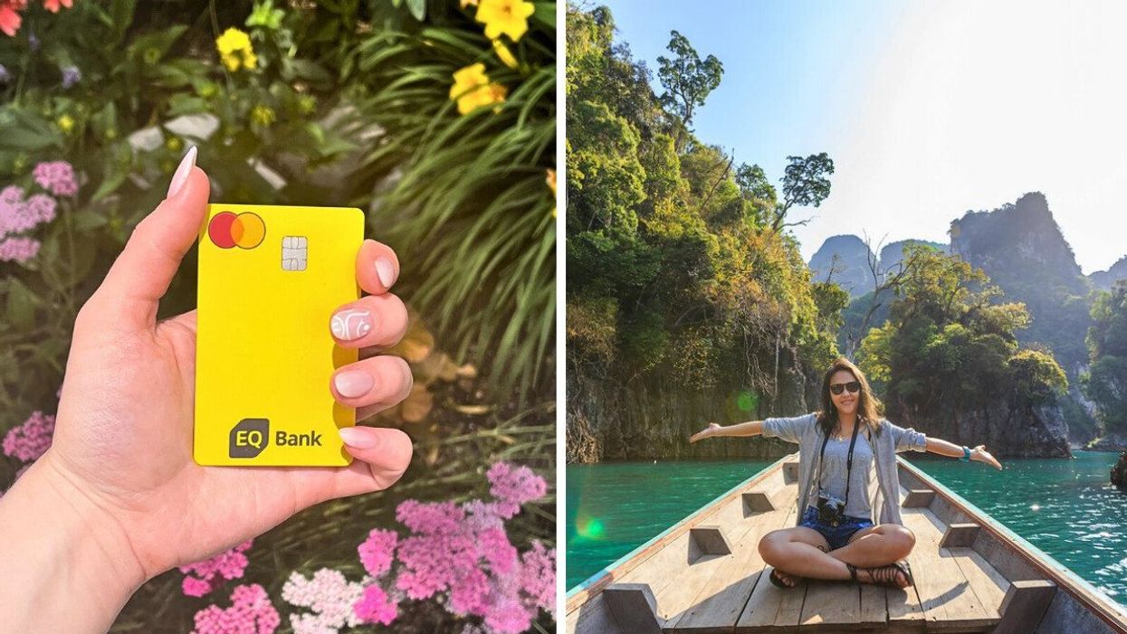 The EQ Bank Card. Right: A tourist in a tropical destination.