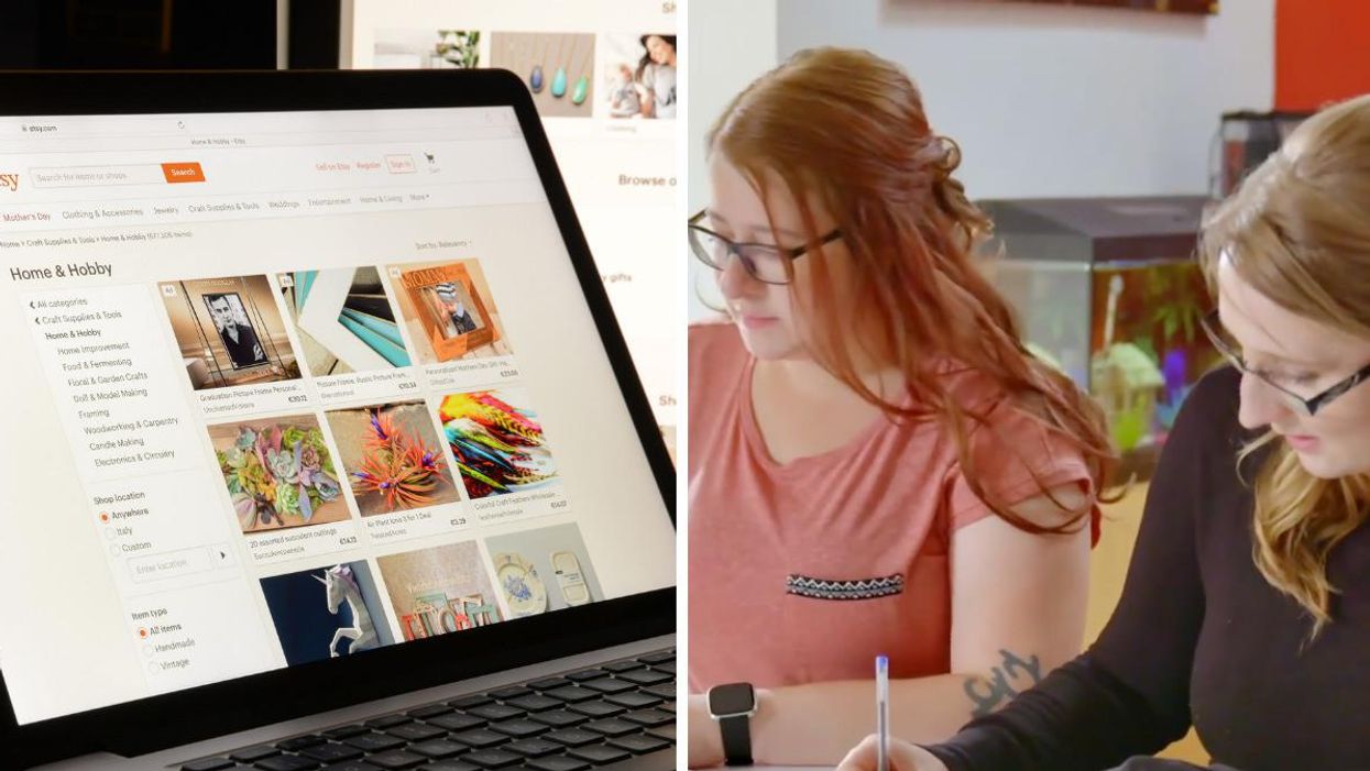 The Etsy website on a laptop. Right: Two Etsy sellers.