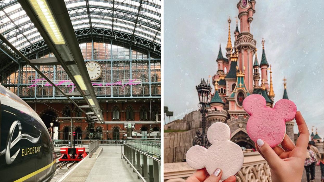 The Eurostar train at London's St. Pancras International station. Right: Disneyland Paris.