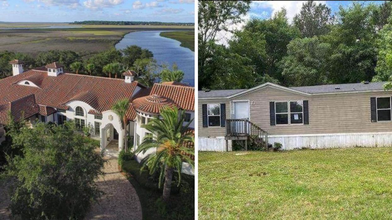 The exterior of 120 Hawkins Ln. overlooking the water on St. Simons Island. Right: The exterior of 510 Shoals Rd. in Sparta, GA.