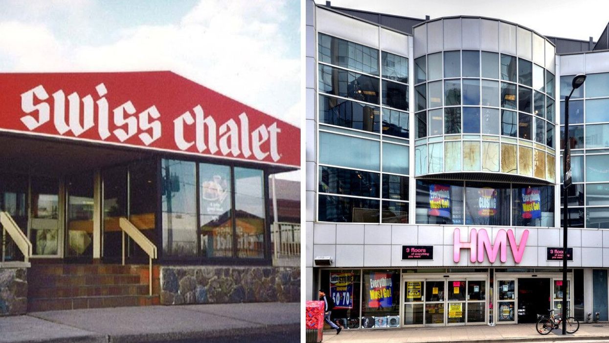 The exterior of a a retro Swiss Chalet. Right: The exterior of a HMV in Toronto.