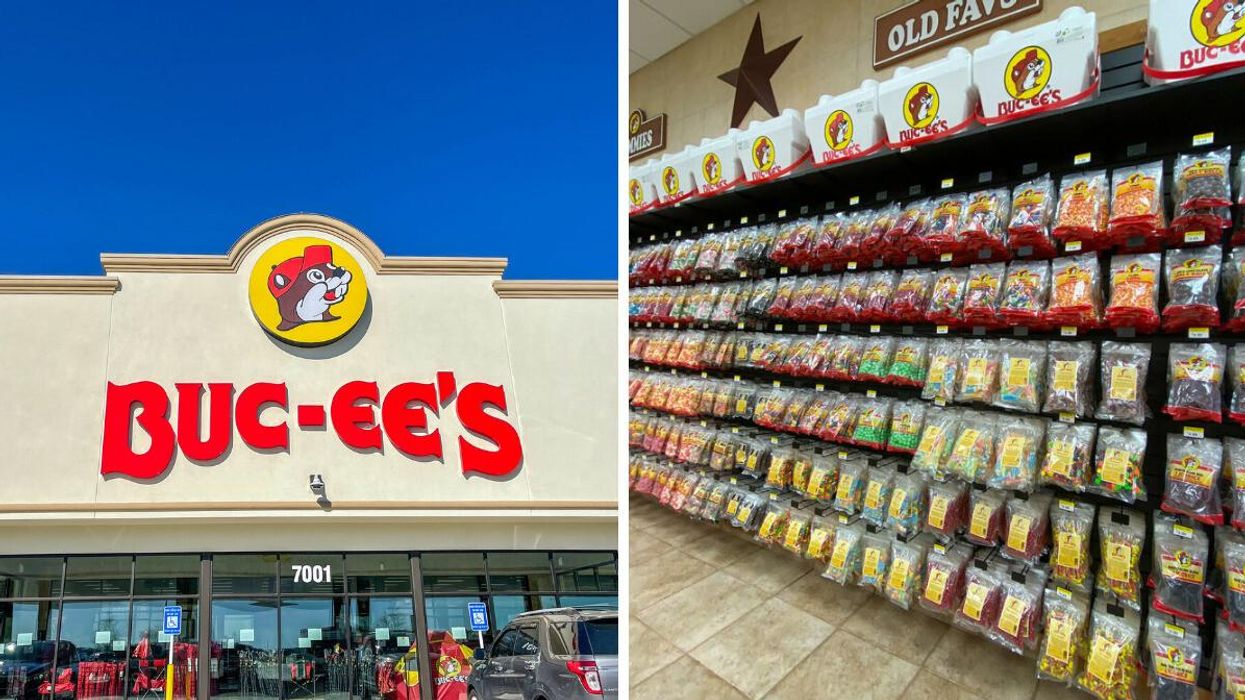 The exterior of a Buc-ee's convenience store. Right: The snacks aisle at a Buc-ee's store.