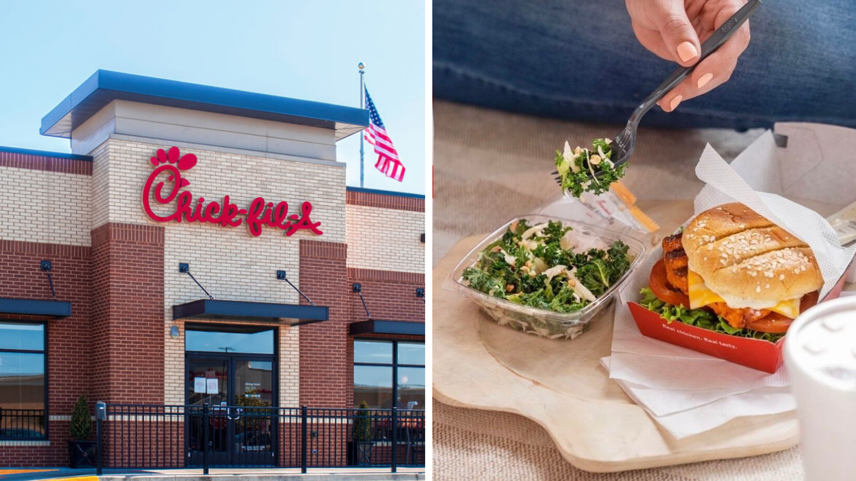 The exterior of a Chick-Fil-A. Right: Food items from Chick-Fil-A.