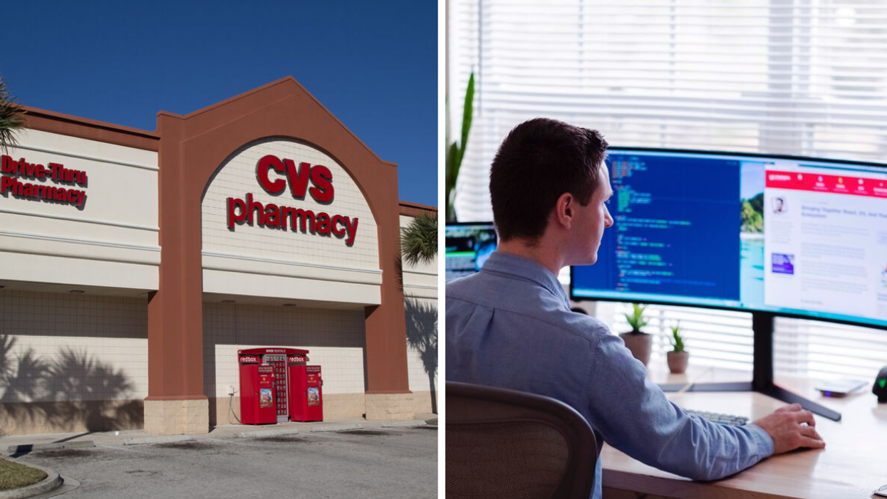The exterior of a CVS store. Right: A man working on a computer at home.