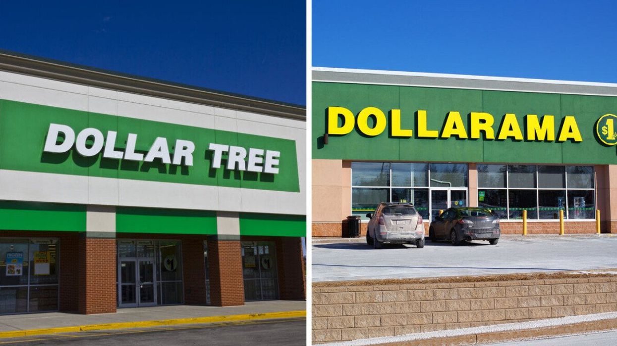 The exterior of a Dollar Tree. Right: The exterior of a Dollarama.