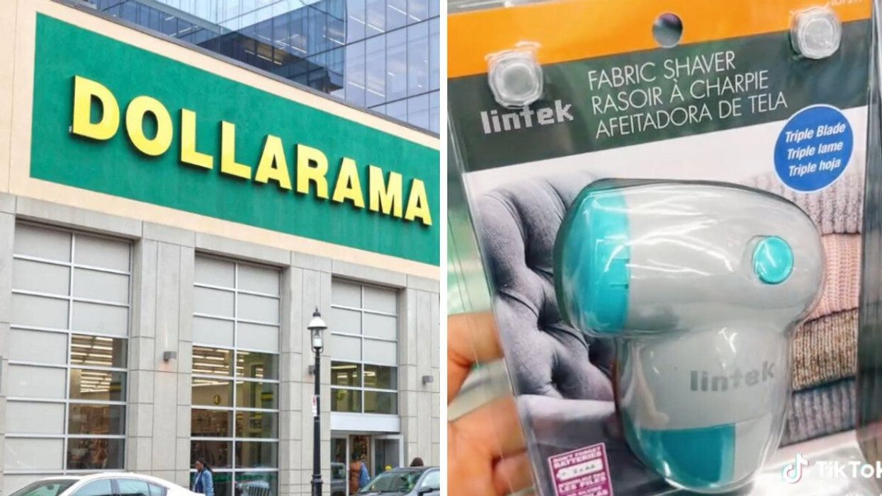 The exterior of a Dollarama. Right: A fabric shaver from Dollarama.