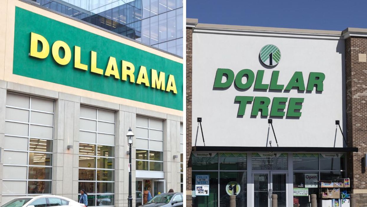 The exterior of a Dollarama. Right: The exterior of a Dollar Tree.