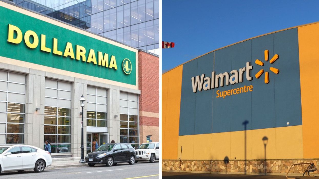 The exterior of a Dollarama. Right: The exterior of a Walmart.