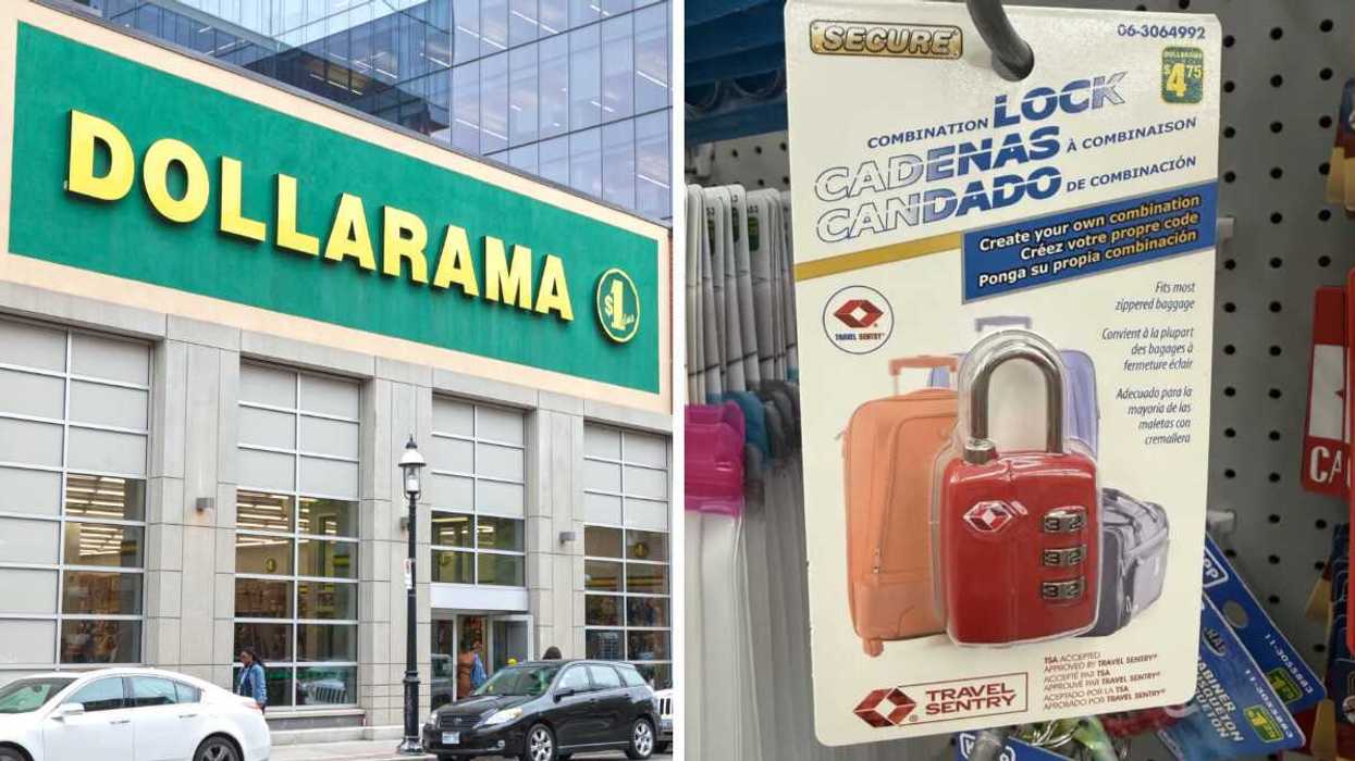 The exterior of a Dollarama store in Canada. Right: A useful luggage combination lock from Dollarama.
