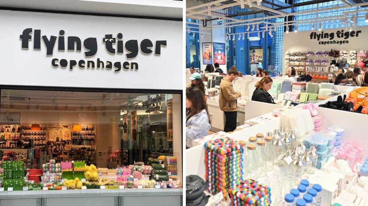 The exterior of a Flying Tiger Copenhagen store. Right: The interior of a Flying Tiger Copenhagen store, with shoppers browsing low white shelving units filled with colourful products.