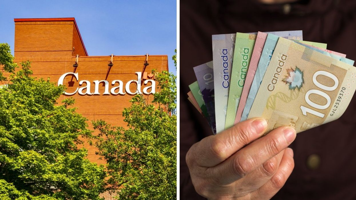 The exterior of a Government of Canada building with lush greenery and trees surrounding it. Right: A person holding various Canadian banknotes including a $100, $50, $20, $10 and $5 bill.