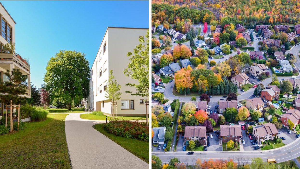 The exterior of a "green" building in Canada. Right: A street of houses in Montreal.