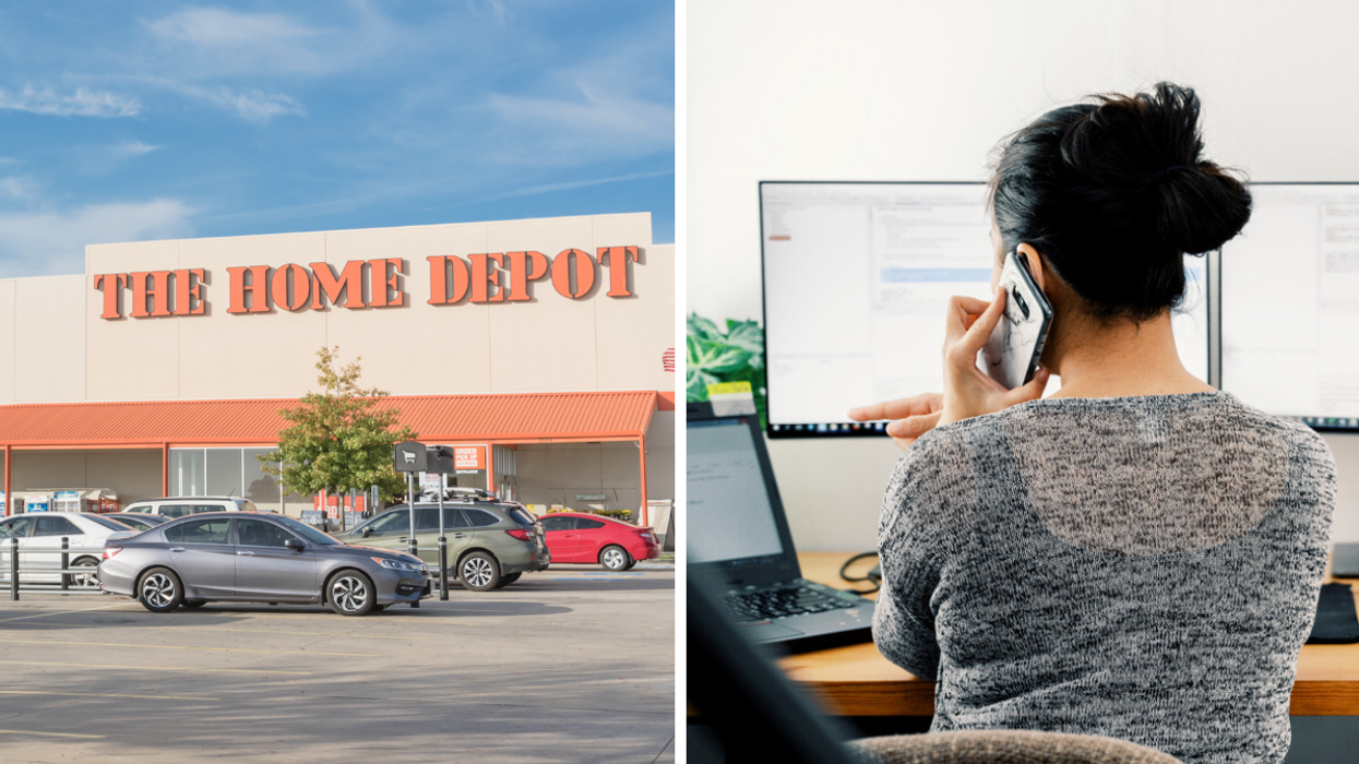 The exterior of a Home Depot Store. Right: A person working on a computer.